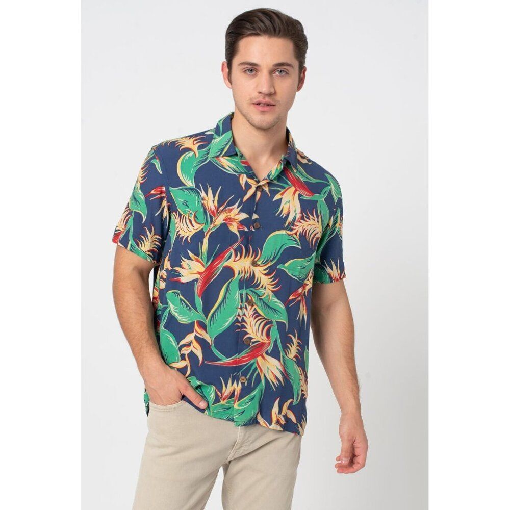 POLO Ralph Lauren Tropical Button Up Shirt Blue Green Hawaiian Resort Top Sz L